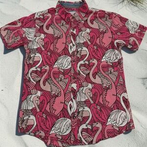Reverse Threads Mens Pink Flock Penguin Print Short Sleeve Shirt 100% Cotton S